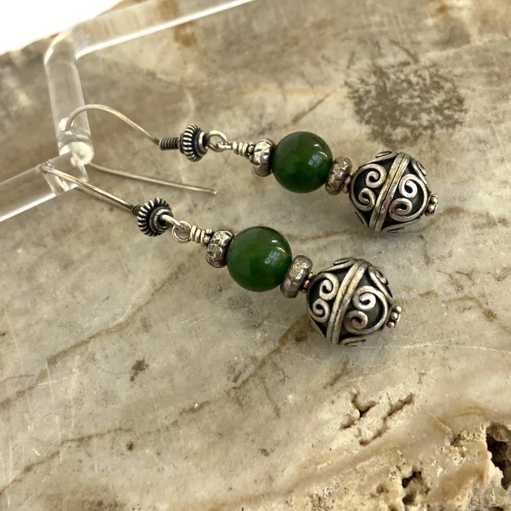 Sterling Silver 925 Round Beaded Nephrite Oxidized Scrollwork Dangle Earrings